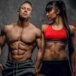 Bodybuilders couple in underwear.